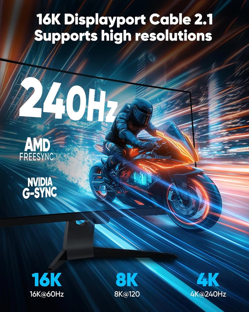 Highwings 80Gbps Displayport Cable 2.1 3.3FT, 16K@60Hz, 8K@120Hz, 4K@240Hz, DP 2.1 Cable 16K Braided Cord, Compatible with HDR10 DSC 1.2a, G-Sync FreeSync Gaming PC, Gaming Monitor 5090, AMD 7900XTX - Image 4